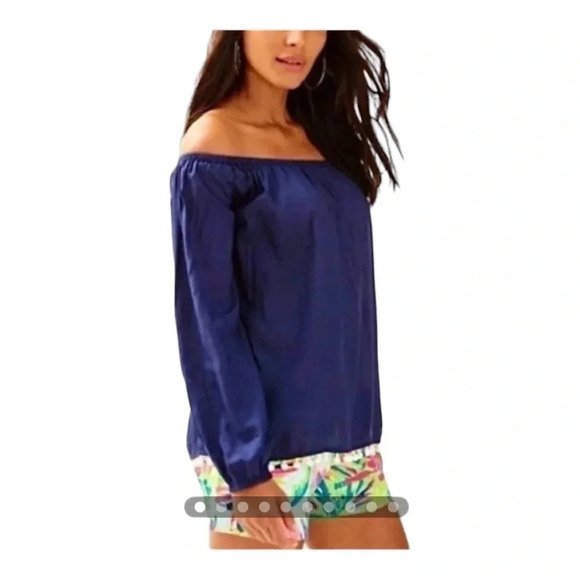 Lilly Pulitzer Candice Navy Blue Silk Open Shoulder Long Sleeve Top Small - Picture 1 of 5